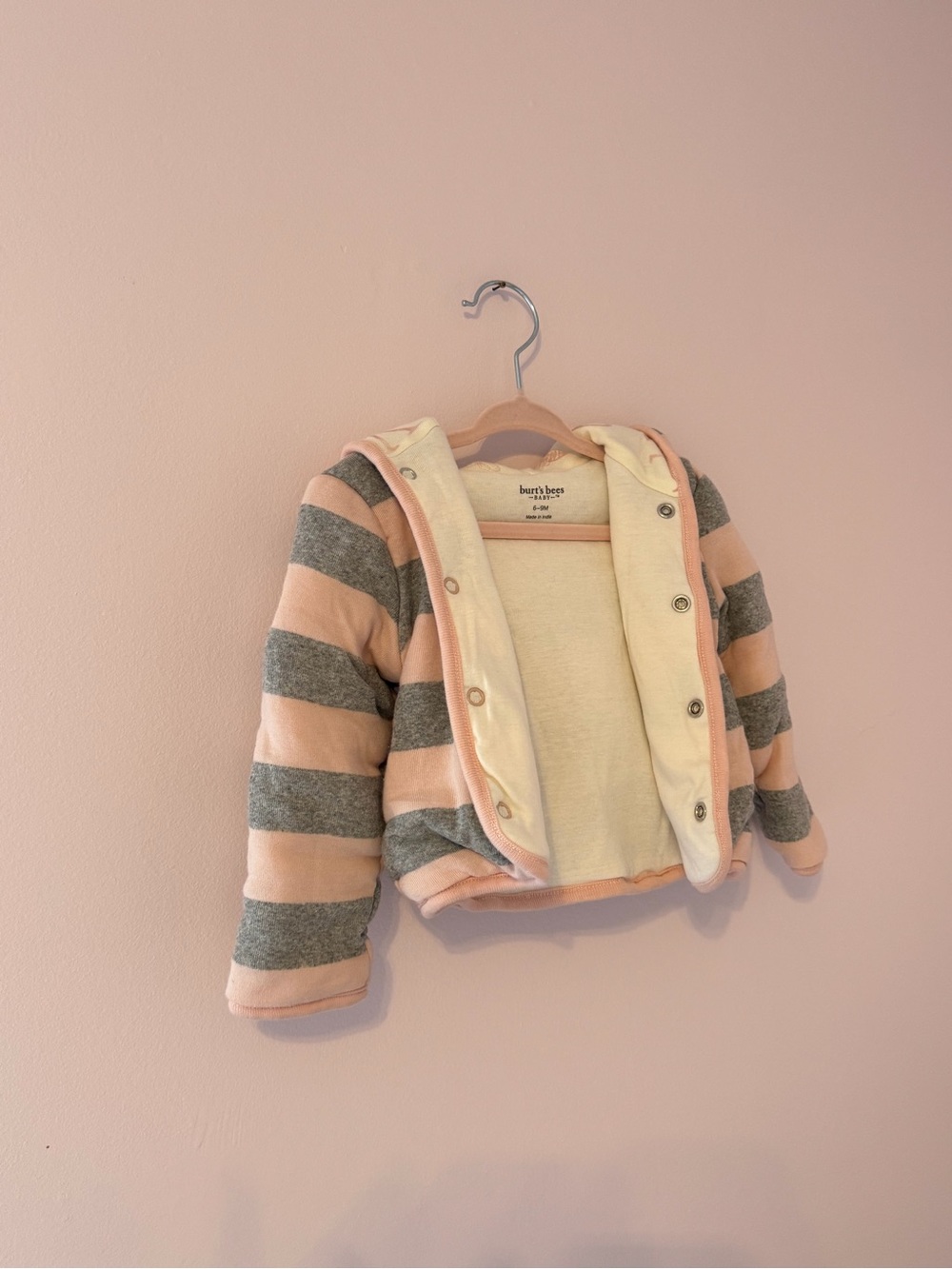 Burt's Bees Baby Pink and Gray Striped Hooded Jacket with Cream Lining